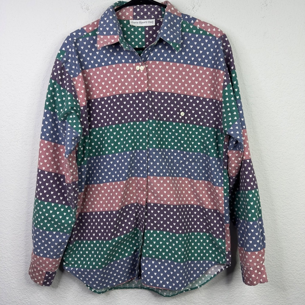 Vintage Paris Sport Club Shirt Womens L Hearts Colorblock Stripe Button Preppy